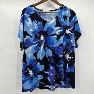 Jess Jane Shirt Top Tunic Womens XL Blue Floral Boxy Slinky Tropical Nautical
